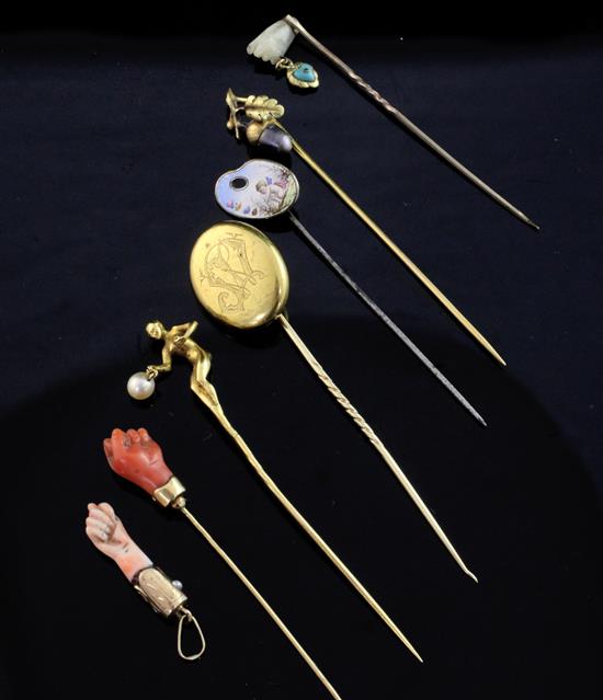 Six assorted 19th/early 20th century stick pins & a pendant.